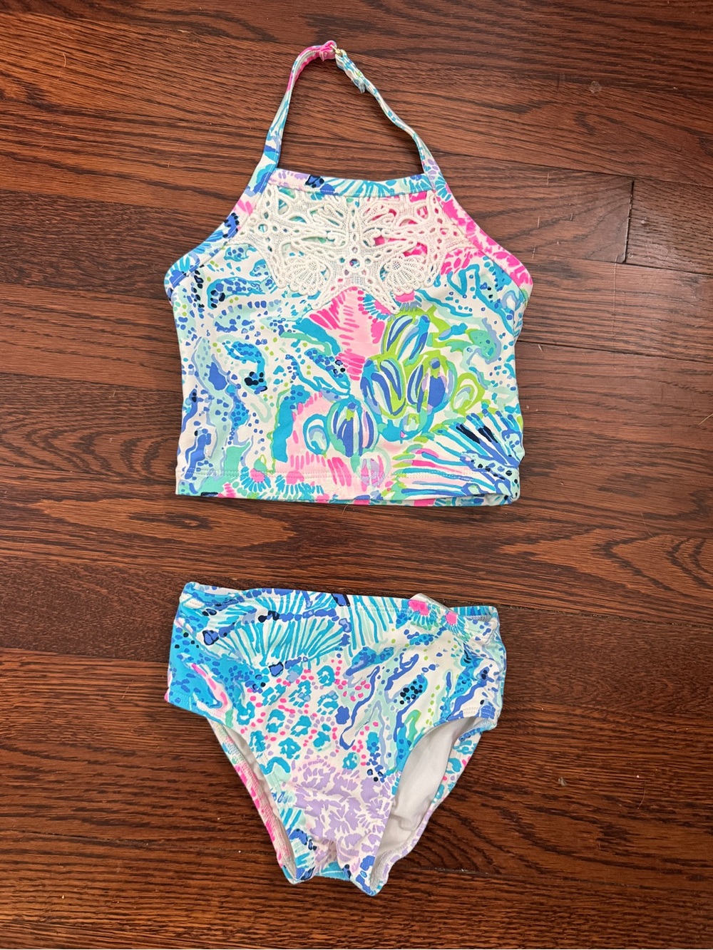 Lilly Pulitzer Toddler Girl Sz 2 Floral Halter Tankini Swimsuit w/ lace, Multi